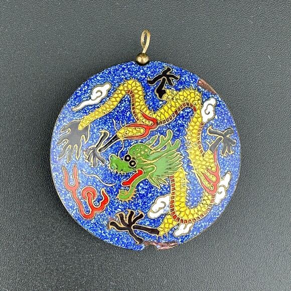 Vintage Round Puffy Double Sided Chinese Dragon Cloisonne Pendant 1.75" Blue - Picture 3 of 13